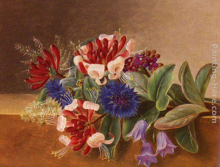 Johan Laurentz Jensen A Still Life with Honeysuckle, Blue Cornflowers and Bluebells on a Marble Ledge